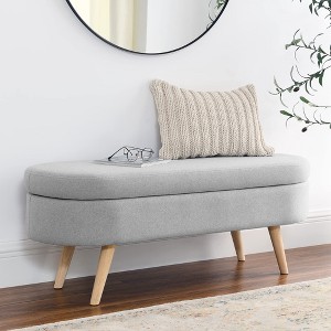 43.5" Beige Linen Upholstered Storage Ottoman Bench with Wood Legs and Safety Hinge - 1 of 4