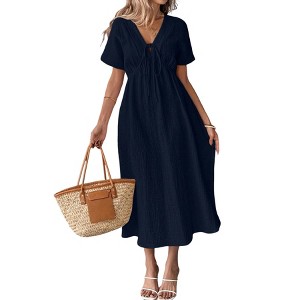 Women's V-Neck Tie-Front Midi Dress, Short Sleeve Casual Summer Dress, Flowy A-Line Dress - 1 of 4