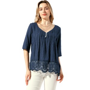 Allegra K Women's Lace Trim Ruched Comfy Summer 1/2 Sleeve V Neck Shirt - 1 of 4