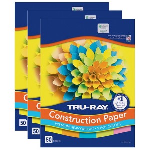 Tru-Ray Construction Paper, Heavyweight, 5 Assorted Hot Colors, 12" x 18", 50 Sheets Per Pack, 3 Packs - 1 of 4