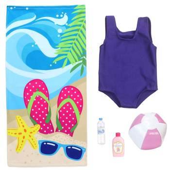 Sophia's - 18" Doll - Bathing Suit, Beach Towel, Water Bottle, Suntan Lotion & Beach Ball Set - Pink