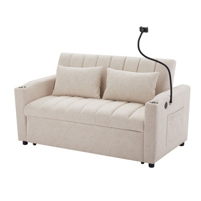 NicBex 55.9 Inch Convertible Sofa Bed Loveseat Sofa with 3 USB Ports,2 Side Pockets and Phone Holder for Living Room,Apartment,Office,Beige