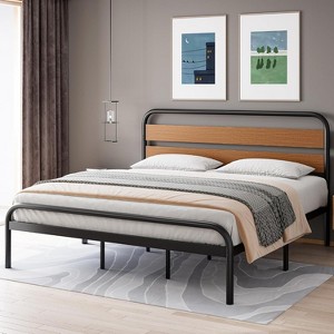 Mid-Century Modern King Bed Frame, Metal Platform with Wood Tone Headboard, No Box Spring Needed Quiet Design for Bedroom,Brown - 1 of 4