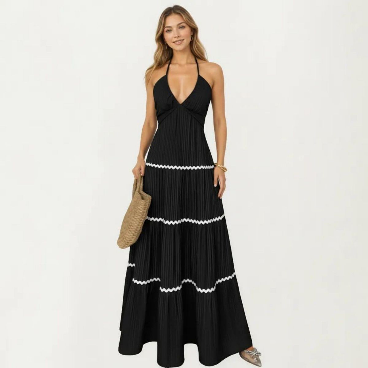 Anna-Kaci Women's Sleeveless Halter Neck Maxi Dress with Pleated Fabric Contrast Trim Detail and Tiered Flowy Design - thumbnail 2