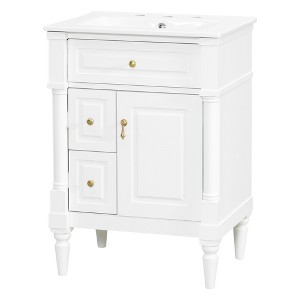 Gulches 24 in 18 in Undermount Rectangular Bathroom Sink in White Solid Rubberwood MDF Ceramic with 3 Drawers Adjustable Shelf Metal Handles - 1 of 4