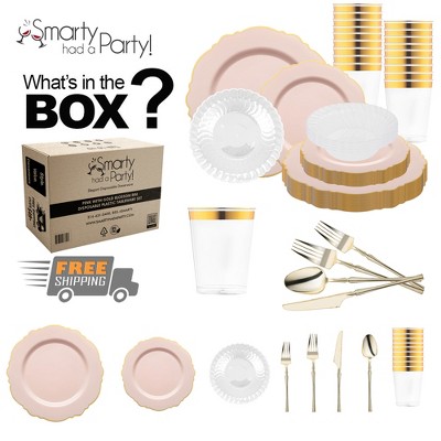 Smarty Had A Party Pink with Gold Blossom Rim Disposable Plastic Tableware Set (120 Settings)
