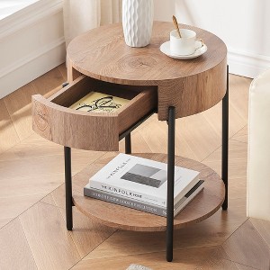 Garvee Round End Table Wood Side Table with Drawer Farmhouse Circle End Tables Accent Bedside Table Metal Frame Small Nightstand - 1 of 4