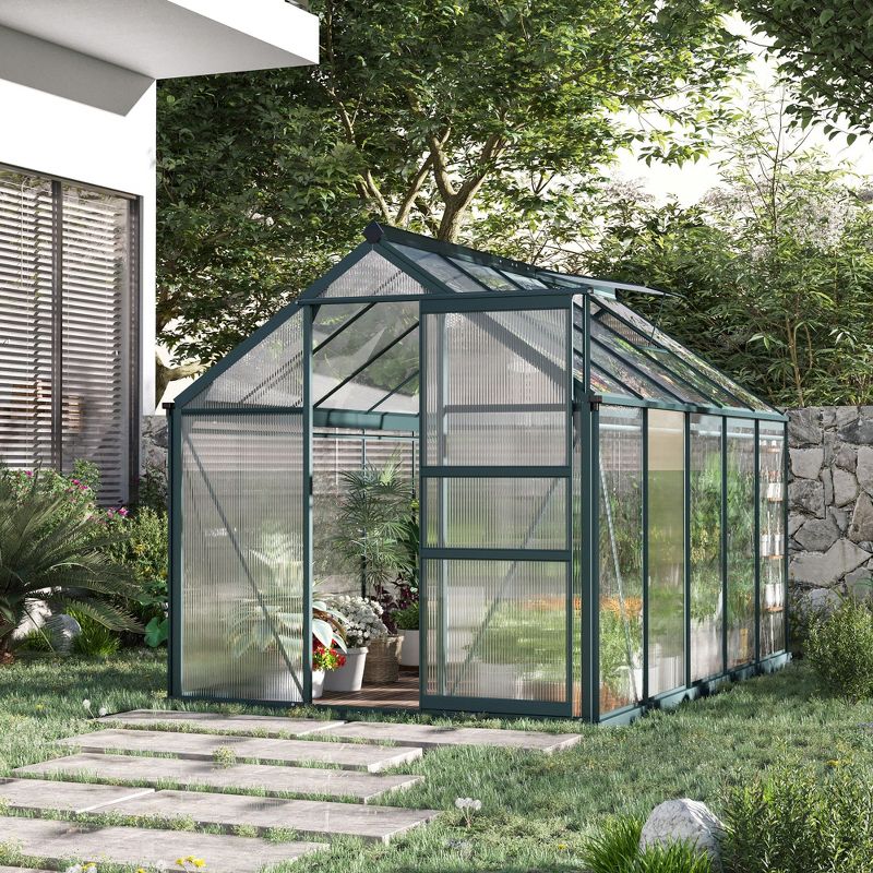 Outsunny 6.2' x 10.3' x 6.6' Polycarbonate Greenhouse, Heavy Duty Outdoor Aluminum Walk-in Green House Kit with Vent & Door, Green, 3 of 13