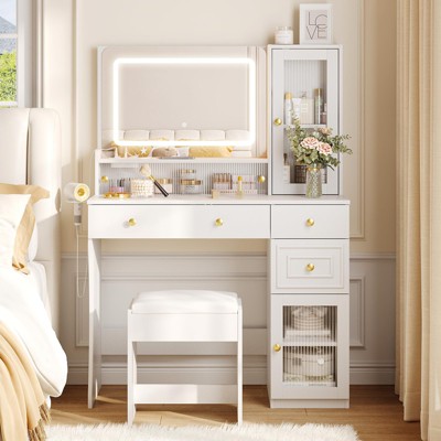 Makeup Vanity with Mirror & Charging Station, 3 Lighting Modes, Vanity Table & Chair Set, White