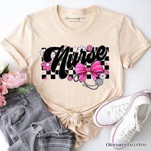 Nurse Floral Coquette Pink Bow T-Shirt, Retro Stethoscope Checkered Tee| OrnamentallyYou - 1 of 4