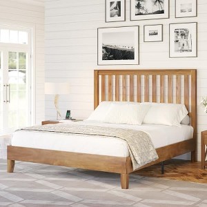 AMERLIFE Solid Wood Bed Frame, Mid-Century Platform Bed with Grille Headboard - 1 of 3