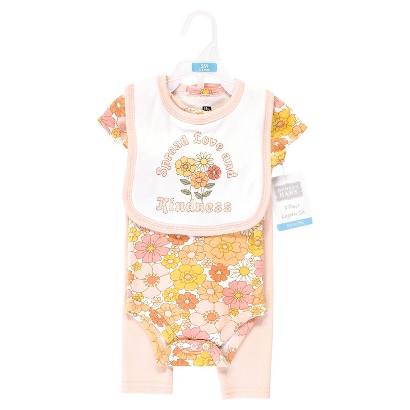 Hudson Baby Infant Girl Cotton Bodysuit, Pant and Bib Set, Peace Love Flowers, 2 of 6