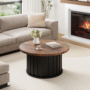 31.9" Round Coffee Table, Mid Century Modern Coffee Table with Metal Base, Fluted Center Table for Living Room, Home Small Space, Apartment - 1 of 4
