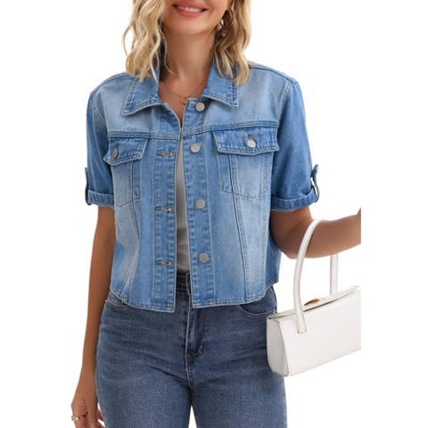 Женские куртки INSPIRE CHIC Women's Turndown Collar Short Sleeve Button Denim Jacket White Medium