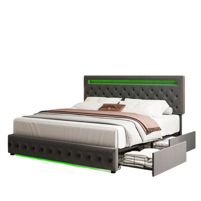 CAVINAS Full/Queen/King Size Modern Platform Bed Frame with LED on Headboard & 4 Storage Drawers,No Box Spring Needed