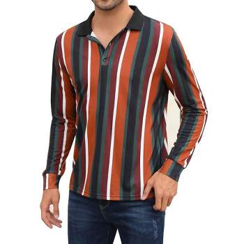 Mens Polo Shirts Vintage Vertical Striped Lapel Collar Button Down Golf Football Sports T Shirt