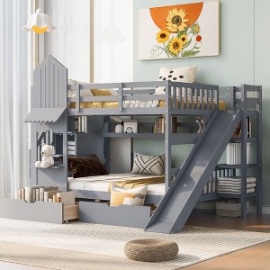 Grungis Full-Over-Full Loft Bed with 2 Drawers and 3 Shelves,Modern Bunk Bed with Slide and Ladder and Guardrails,Loft and Bunk Bed for Bedroom - 1 of 4