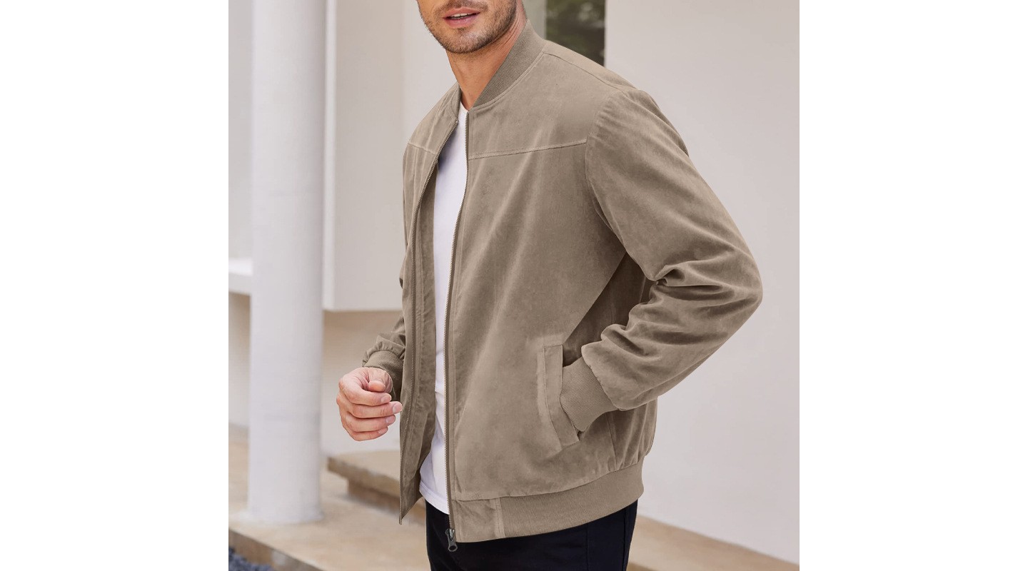 Мужская куртка YesFashion Men‘s Plus Size Suede Bomber Jacket Stand Collar Zip Front Casual — фото 2