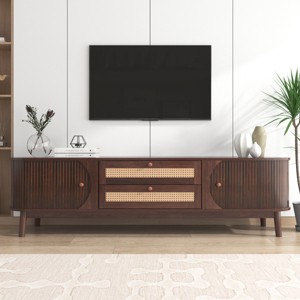 67" Mid-Century Modern Rattan TV Stand for 75 Inch TV,Modern Farmhouse Media Console with Sliding Doors for Living Room-Baofuwish - 1 of 4