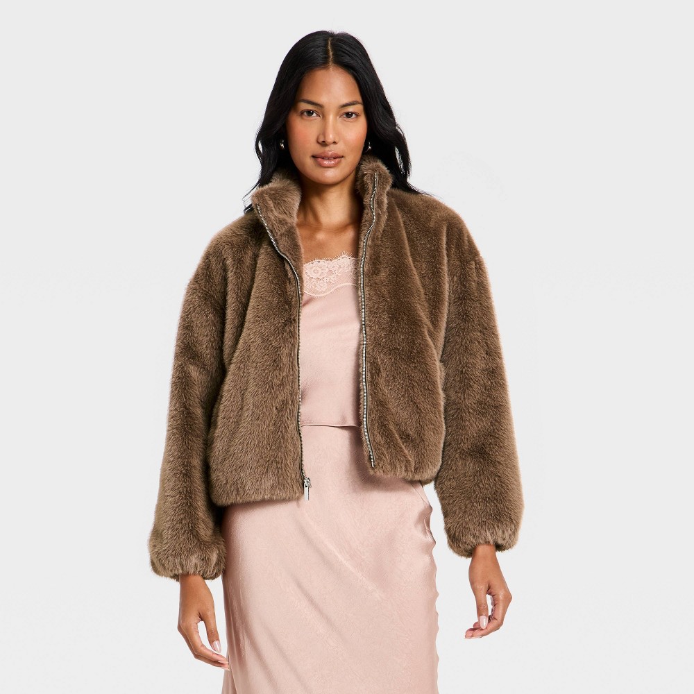 Women's Faux Fur Zip-Up Jacket - A New Day™ Brown S