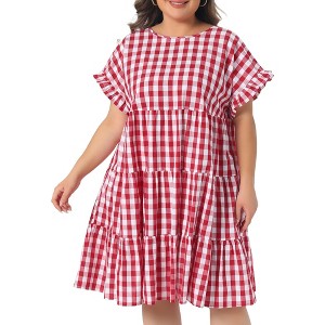Women's Plus Size 1950s Gingham Plaid Round Neck Ruffle Sleeve Tiered Casual Summer Babydoll Midi Dresses with Pocket - Agnes Orinda - 1 of 4