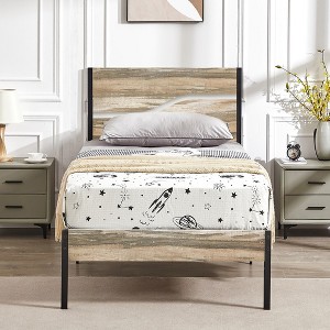 VECELO Metal Platform Bed Frame with Wooden Headboard - 1 of 4