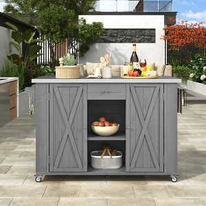 Outdoor Kitchen Islands, Patio Firewood Storage Cabinet with Foldable Stainless Steel Top, Spice Racks, Lockable Wheels -ModernLuxe - 1 of 4