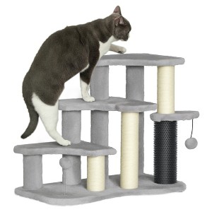 PawHut 20" Cat Tree, 2 in 1 Cat Tower 3-Step Pet Stairs with Scratching Posts, Tickling Post, Toy Balls, for High Beds, Couch, Sofa, Light Gray - 1 of 4