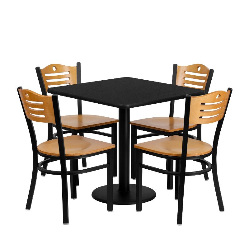 Flash Furniture 30'' Square Black Laminate Table Set with 4 Wood Slat Back Metal Chairs - Natural Wood Seat, 1 of 4