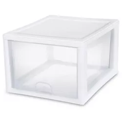 Sterilite 27 Quart Modular Stacking Storage Drawer Home Organization Container with Clear Side Panels and White Frame, 16 Pack