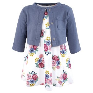 Hudson Baby Infant and Toddler Girls Cotton Dress and Cardigan Set, Blush Navy Floral - 1 of 4
