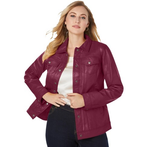 Plus size burgundy leather on sale jacket