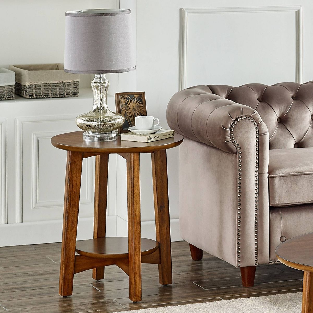 Monterey Round Mid Century Modern Wood End Table Chestnut - Alaterre Furniture: Tapered Legs, Floating Shelf - thumbnail 8