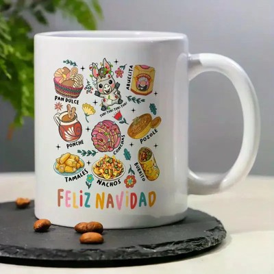 Merry Christmas 11 Oz Ceramic Cup Holiday Christmas Design with Tortilla Juice Drink And Mexican Treats