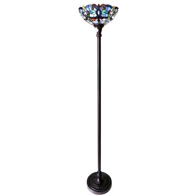 Antique Bronze Tiffany-Glass Victorian Torchiere Floor Lamp 69"