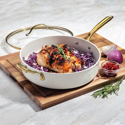 Cream 5.5 Qt Nonstick Ceramic Jumbo Cooker with Gold Handles
