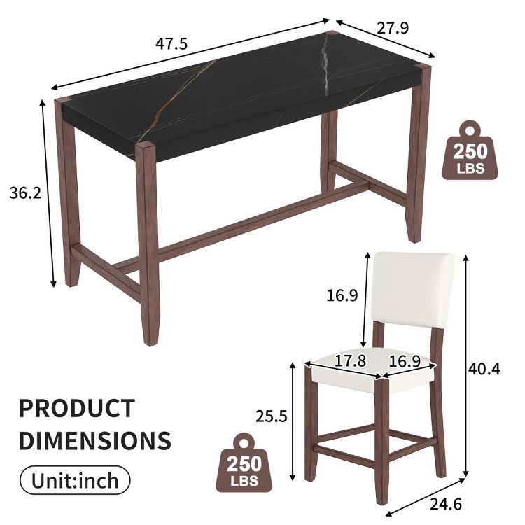 5-Piece Counter Height Dining Table Set with Faux Marble Top and 4 Upholstered Chairs, Solid Wood Frame, Space-Saving Kitchen Furniture, 4 of 8