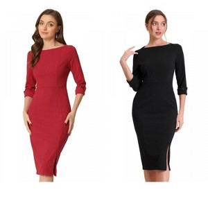 INSPIRE CHIC Women's Elegant Boat Neck 3/4 Sleeves Work Midi Split Sheath Dress 2 Packs - 1 of 4