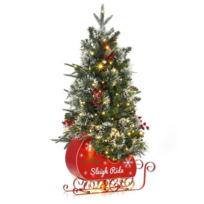 3FT Pre Lit Fiber Optic Artificial Sleigh Ride Base Christmas Tree with 78 Pcs Warm White Lights, 8-Mode Full Prelighted Xmas Tree with USB