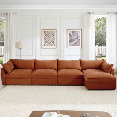 L-Shaped Sectional Sofa with Footstool, 4-Seater Sofa with Pull-Out Storage Drawers, Upholstered Chenille Sofa with Cushion-Coolbibila