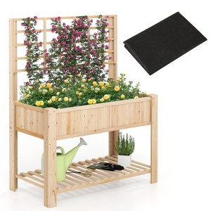 Tangkula Raised Garden Bed w/ Trellis Wooden Elevated Planter Box w/ Legs & Liner Natural - 1 of 4