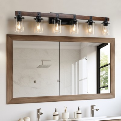 DOMETOUR 42'' Rustic 6-Light Vanity Light, Industrial Bathroom Wall Sconce with Glass Shades, Wood Accent, Modern Farmhouse Fixture (No Bulbs)