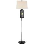 360 Lighting Rustic Floor Lamp with Nightlight LED Edison 64" Tall Black Light Natural Linen Drum Shade Living Room Reading Bedroom Office
