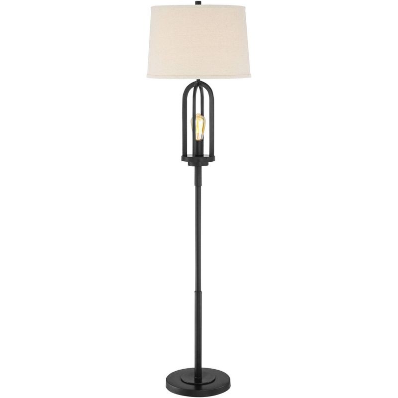 360 Lighting Marcel Rustic Farmhouse Floor Lamp 64" Tall Black Metal with LED Nightlight Natural Linen Drum Shade for Living Room Bedroom Office House, 1 of 10