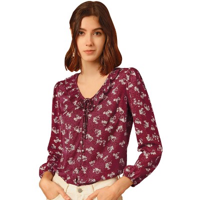 INSPIRE CHIC Women's Vintage Floral Tie V Neck Ruffle Fall Blouse Top