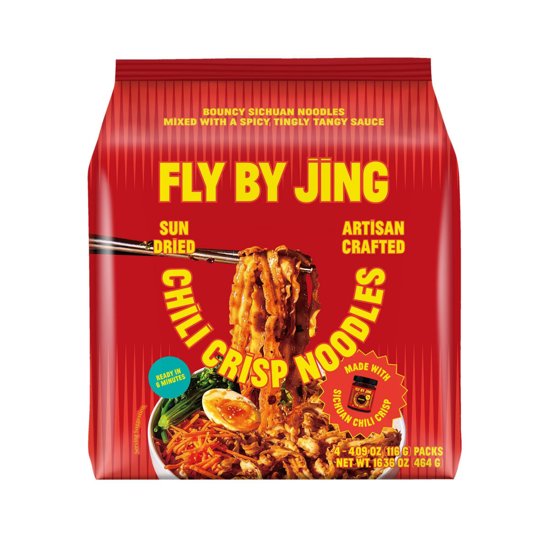 FLY BY JING Chili Crisp Sun Dried Vegan Sichuan Noodles - 16.36oz/4ct