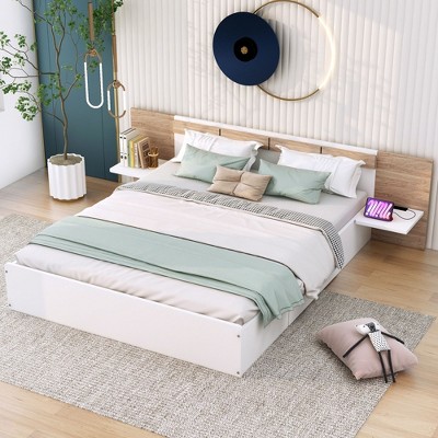 CAVINAS Queen Size Platform Bed Modern Wooden Bed Frame with Headboard, 2 Storage Drawers, 2 Bedside Shelves and Sockets for Bedroom