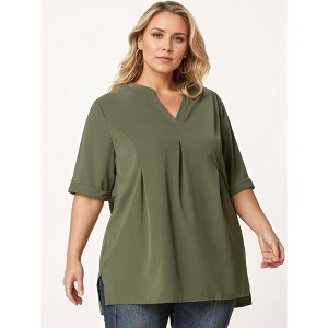 Agnes Orinda Women's Plus Size Casual Solid V Neck 1/2 Sleeves Pleated Blouses - 1 of 4