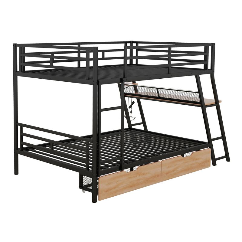 Full/Twin Size Metal Bunk Bed with Built-in Desk, Light and 2 Drawers, Black-ModernLuxe, 5 of 15