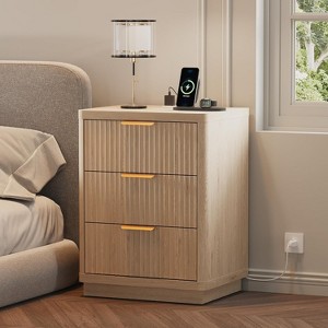 Fluted Farmhouse Night Stand, Fluted Nightstand with Charging Station, Fluted Nightstand with Drawer, Modern Mid Century Bedside Table w/Metal Handle - 1 of 4